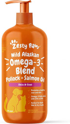 Zesty Paws Wild Alaskan Omega-3 Blend Pollock + Salmon Oil for Dogs and Cats- Skin and Coat Support, Omega 3 Supplement for Pets, 32oz