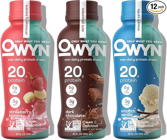 OWYN Only What You Need Protein Shake, 20g Vegan Protein, Ready to Drink, Dairy Free, Great Taste, 4g Sugar, 5g Net Carbs, Strawberry Banana Variety Pack, 12 Fl Oz (12 Pack)