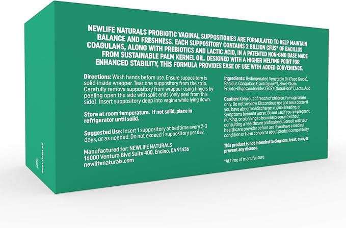 NewLife Naturals Vaginal Probiotic Suppositories 2 Billion CFU – Feminine pH Balance & Odor Support – Bacillus Coagulans + Prebiotic + Lactic Acid – Non GMO All Natural - 30 Day + Supply (14 Inserts)
