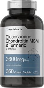 Horbäach Glucosamine Chondroitin MSM | 360 Caplets | Advanced Formula with Turmeric | Non-GMO, Gluten Free