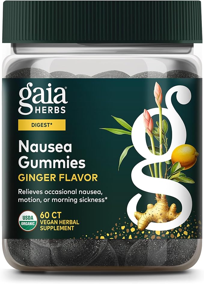 Gaia Herbs Nausea Gummies - Relieves Occasional Nausea* - with Ginger & Lemon - Ginger Flavor - 60 Vegan Gummies (30 Servings)