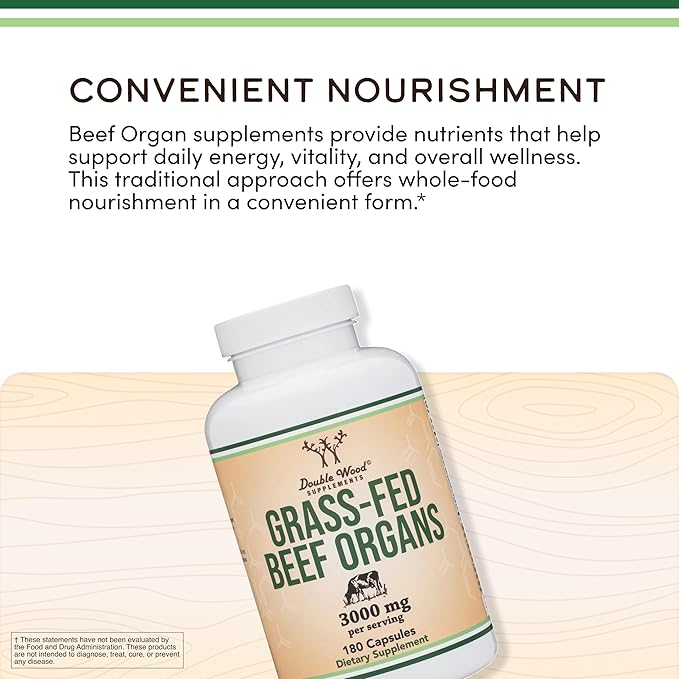 Grass Fed Beef Organ Complex (3,000mg per Serving, 180 Capsules, 1 Month Supply) Supplement for Digestion, Immune Health, Energy, and Wellness by Double Wood