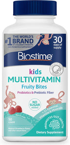 Biostime Kids Multivitamin Gummies with Probiotics & 11 Essential Vitamins (Ages 4+) | Multivitamin for Kids | No Added Sugar Fruity Bites | Free from Top 9 Allergens | 50 Count