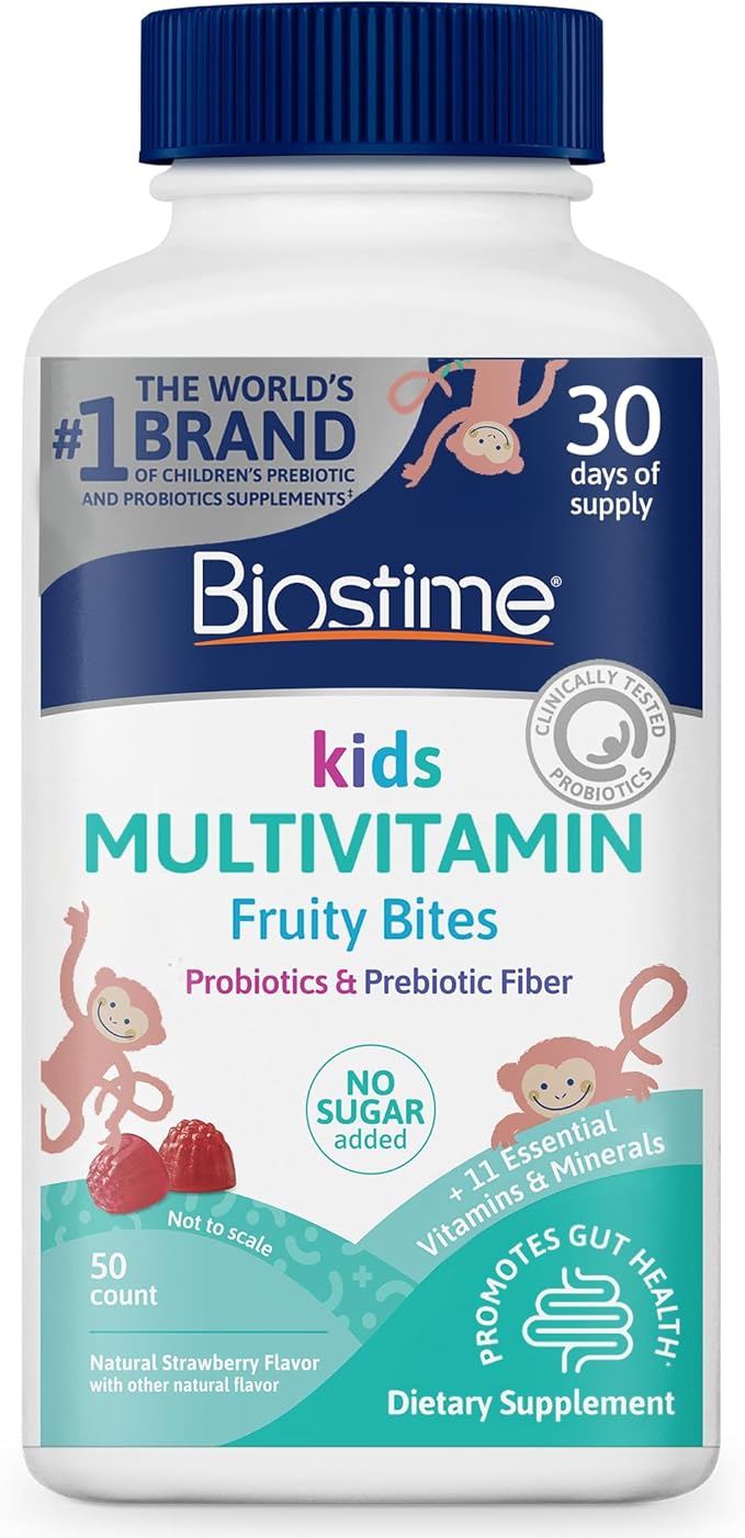 Biostime Kids Multivitamin Gummies with Probiotics & 11 Essential Vitamins (Ages 4+) | Multivitamin for Kids | No Added Sugar Fruity Bites | Free from Top 9 Allergens | 50 Count