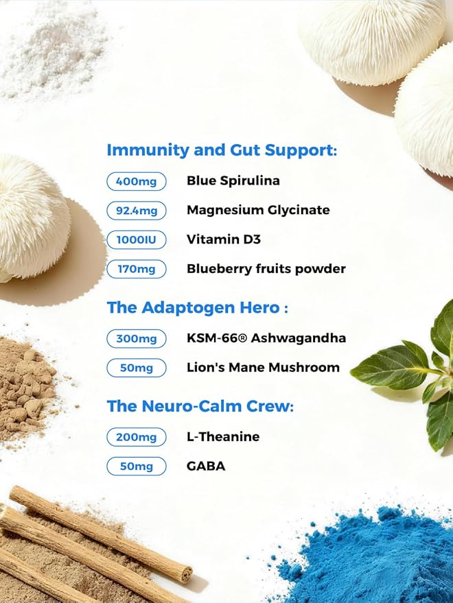 Easy Calm Blue - Calming Drink Mix with Magnesium KSM-66 Ashwagandha & Blue Spirulinac L-theanine Lion's Mane Mushroom GABA Vitamin D3 Supports Cortisol Balance Mood Sleep