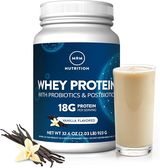 MRM Nutrition Whey Protein - Vanilla Flavored, Microfiltered Whey Protein Isolate & Concentrate, 16 Different Probiotic Strains, BCAAs, & Digestive Enzymes, Gluten Free, for Women & Men - 34 Servings