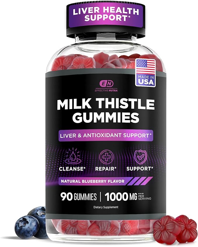 Effective Nutra Milk Thistle Gummies | Sugar-Free Milk Thistle Extract 1000mg for Liver Detox & Antioxidant Support | Vegan, Gluten-Free| 45-Day Supply, Natural Berry Flavor, Made in USA (90 Count)
