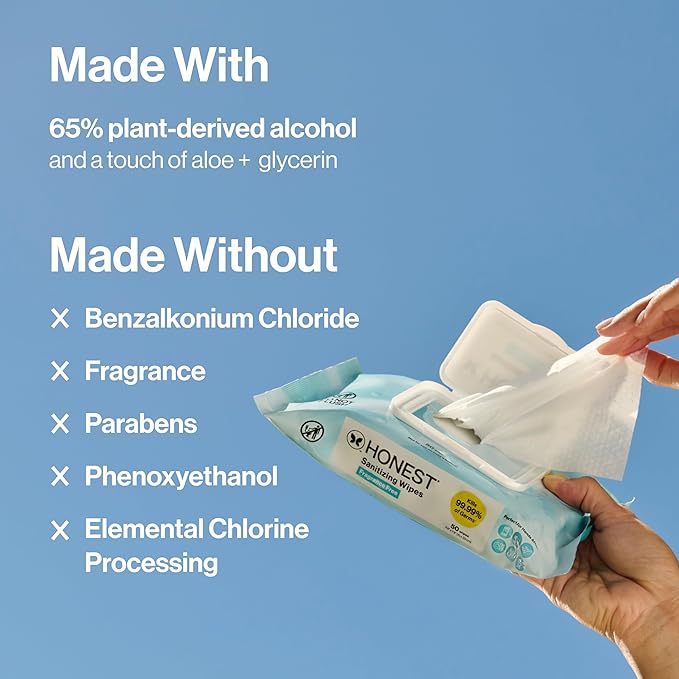 The Honest Company Fragrance-Free Sanitizing Alcohol Wipes, Antibacterial, Safe for Hands Kills 99% of Germs, Made With Aloe, 100 Count, (2 Packs 50)