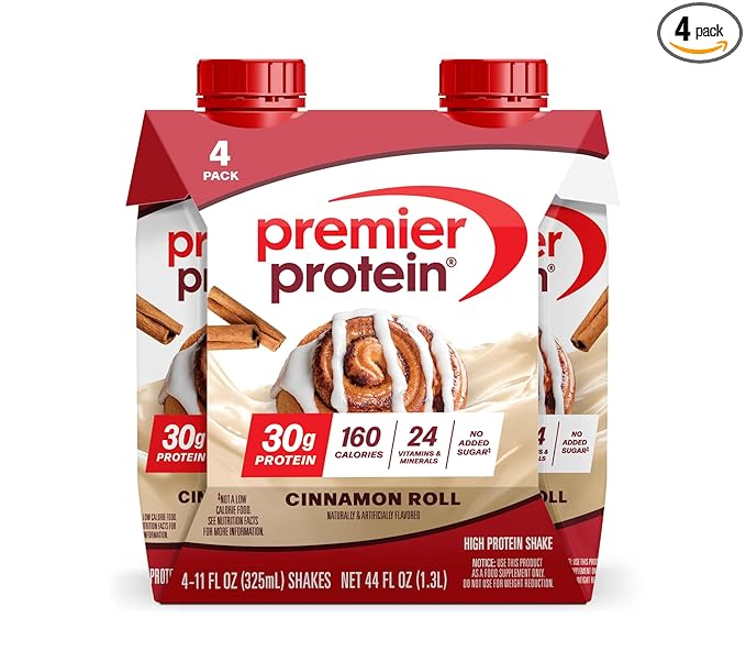 Premier Protein Shake, Cinnamon Roll, 30g Protein, No Added Sugar, 24 Vitamins & Minerals to Support Immune Health, 11 fl oz, 4 Pack