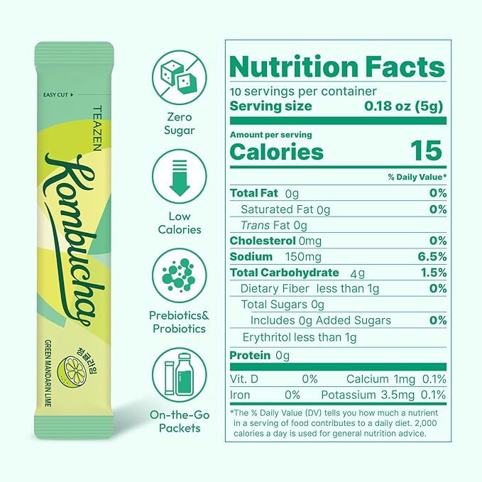 TEAZEN Green Mandarin Lime Kombucha Powder, Hydration Drink Mix, Sugar Free, Live Probiotics & Prebiotics, On-the-Go 10 Packets, 1.76oz