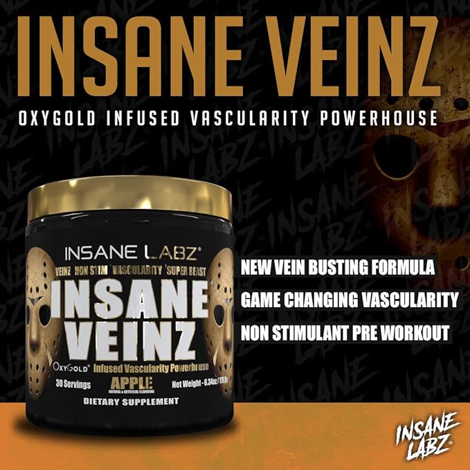 Insane Labz Insane Veinz Gold, Nitric Oxide Non Stimulant pre Workout Powder, Loaded with Hydromax, Nitrosigine, Increases Vascularity and Blood Flow, 30 Srvgs, Gummy Candy