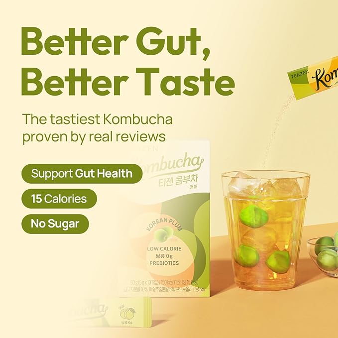 TEAZEN Kombucha Powder, Korean Plum Flavor, Zero Sugar, Sparkling Fermented Powdered Mix Beverage from Korea, Live Probiotics & Prebiotics, On-the-Go 10 Packets, 1.76oz