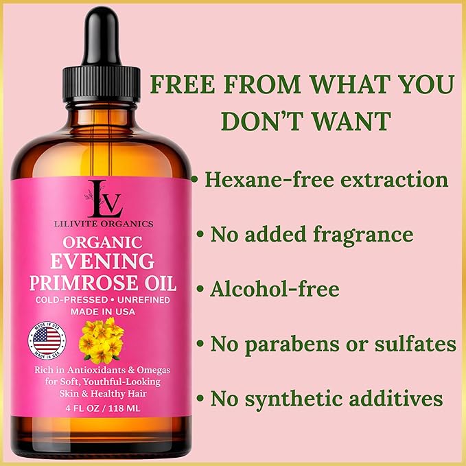 Evening Primrose Oil – 100% Pure, Cold-Pressed & Unrefined, Organic Evening Primrose Oil, Rich in Natural Fatty Acids & Antioxidants – for Skin, Hair, Massage & Carrier Oil, 4 fl oz Glass Bottle
