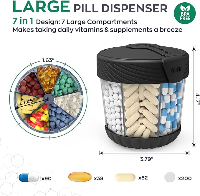 HIONXMGA Large Pill Dispenser with 7 Compartments, Portable Pill Bottle Organizer for Travel, Anti-Mix Supplement Organizer Easy Twist Wide-Opening, BPA-Free Pill Box Container with 20Pcs Labels,Black