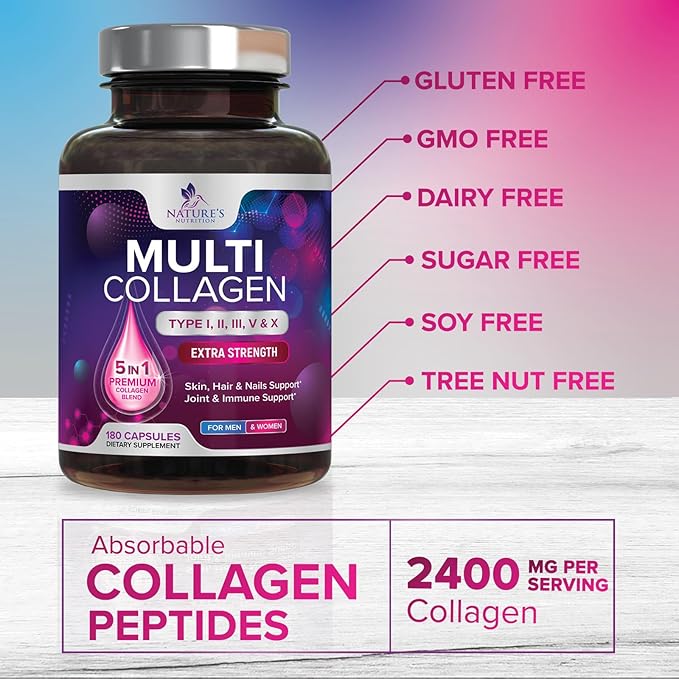 Multi Collagen Pills 2400 mg Per Serving - Advanced Types I, II, III, V, X - Hydrolyzed Multi Collagen Peptides Pills Supplement for Women & Men - Hair, Skin, & Nail Support Supplements - 180 Capsules