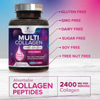 Multi Collagen Pills 2400 mg Per Serving - Advanced Types I, II, III, V, X - Hydrolyzed Multi Collagen Peptides Pills Supplement for Women & Men - Hair, Skin, & Nail Support Supplements - 180 Capsules