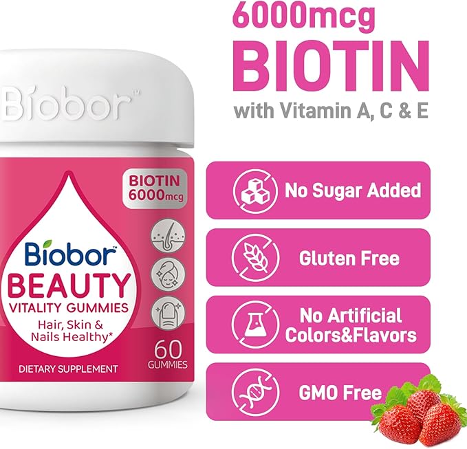 Biobor Beauty Gummies, Natural 6000mcg Biotin Gummies for Women Men, No Sugar Added Hair Skin and Nails with Vitamins A C E, GMO Free, Gluten Free,120 Count
