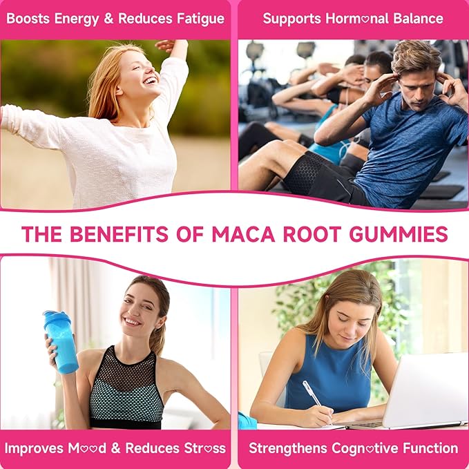 Maca Root Gummies for Women & Men, Organic Maca Root Supplement with Ashwagandha for Energy & Strength Support, Sugar-Free/Vegan/Non-GMO, Strawberry Flavor 120 Count