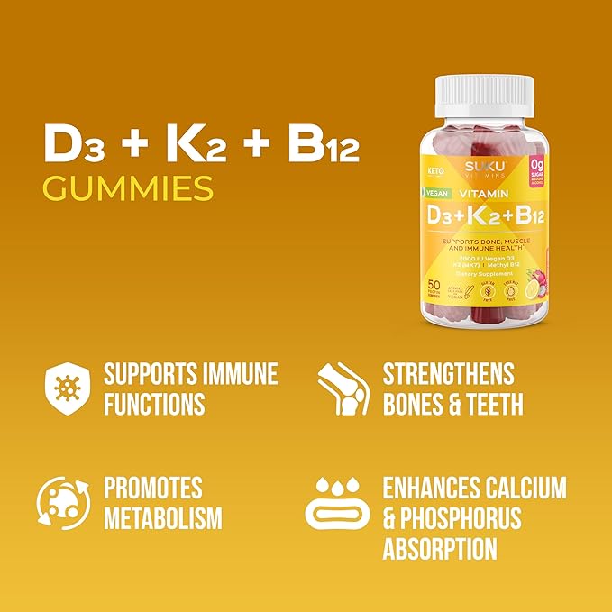 SUKU Vitamins Vegan D3 + K2 + B12 Sugar-Free & Sugar-Alcohol-Free Keto 2000IU Vitamin D Gummy Supplement for Healthy Bones, Immune Function, Healthy Metabolism, Lemon Dragon Fruit Flavor (50 Gummies)