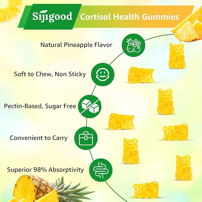 Cortisol Gummies - Cortisol Supplements for Women & Men with Ashwagandha, Magnesium, L-theanine for Cortisol Balance, Support Relaxation, Energy, Zzz, Pineapple Flavor, 120Ct