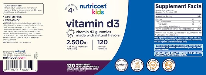Nutricost Kids Vitamin D3 Gummies 2,500 IU (62.5mcg), 120 Gummies - Mixed Berry Flavored
