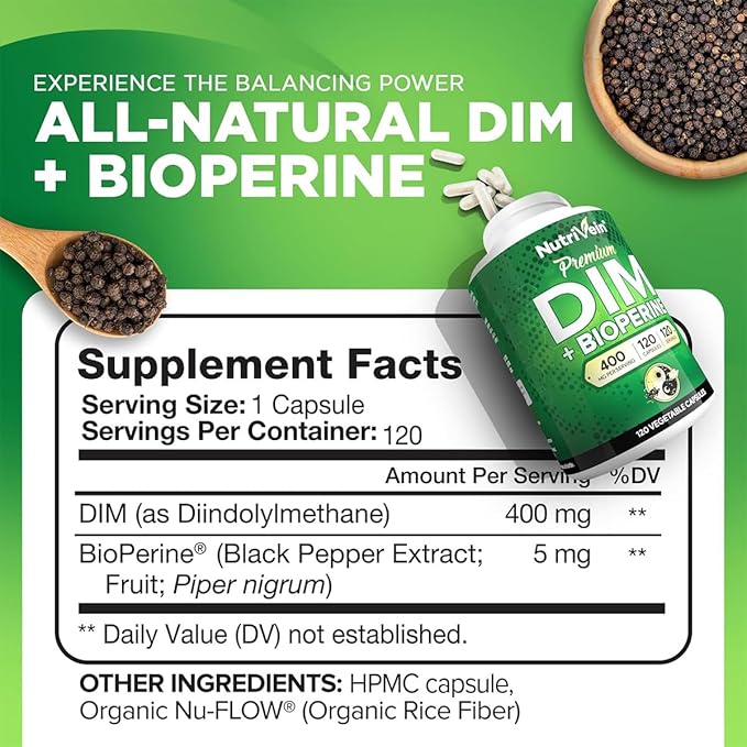Nutrivein Premium DIM Supplement 400 mg Daily - 120 Servings (120 Capsules): Diindolylmethane for Women and Men - Plus Bioperine - Estrogen Supplement - Menopause and Middle Age Support