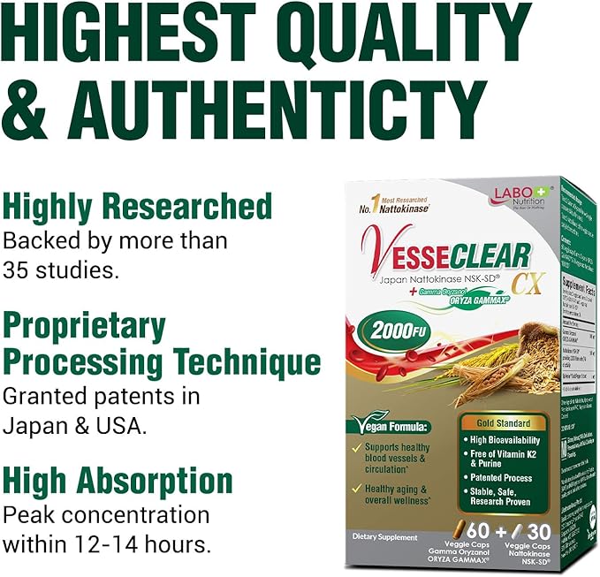 LABO Nutrition VesseCLEAR CX: Artery Cleanse Supplement to Support Blood Pressure, Clean Blood Vessel, Heart & Cholesterol Health Formula | Nattokinase NSK-SD + Gamma Oryzanol | DR Capsules [3 Pack]