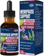 Black Cohosh Liquid Drops for Menopause Hot Flashes, 8-in-1 Herbal Supplements Tincture w/Red Clover, Motherwort Extract for Night Sweats. Cimicifuga & Valeriana para Menopausia. 2oz