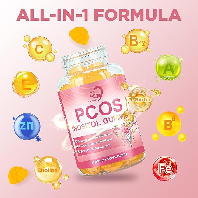 PCOS Inositol Gummies for Ovarian & Hormonal Balance, 60 Count PCOS Gummies with Myo-Inositol, Folate & Zinc Helps Menstrual Cycle, Orange Flavor Ovulation Gummy for Wellness Ovulation & Fertility