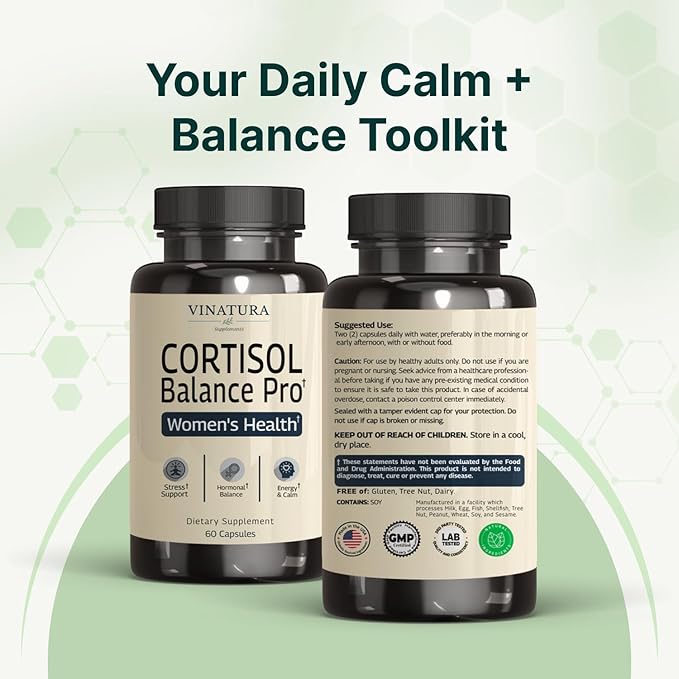 VINATURA Cortisol Supplements for Women - Cortisol Detox and Management - Adrenal Support, Stress Support, 60 Vegan Capsules