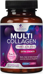 Multi Collagen Pills 2400 mg Per Serving - Advanced Types I, II, III, V, X - Hydrolyzed Multi Collagen Peptides Pills Supplement for Women & Men - Hair, Skin, & Nail Support Supplements - 60 Capsules