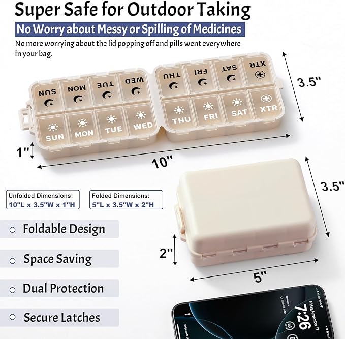 Foldable Weekly Pill Organizer 2 Times a Day with 2 Extra Compartments (Clear Printed Labels) - Portable 7 Day AM PM Medicine Box, Week Daily Travel Pill Case Holder for Vitamin, Supplement - Khaki