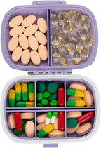 Bling Travel Pill Organizer Cute Pill Box with Labels Rhinestone Pill Case for Purse Portable Daily Pill Container 7 Day Medicine Holder for Vitamin Supplement(Purple)