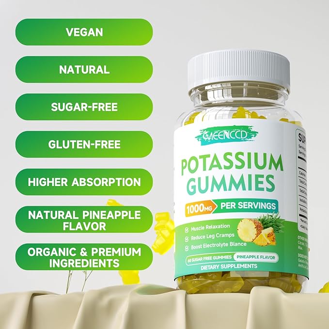 Potassium Citrate Gummies 1000mg, High Potency Potassium Supplement Gummies for Adults Women & Men, Support Muscle Health, Sugar-Free, Pineapple Flavor, 60 Count
