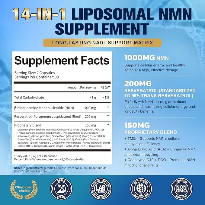 Totaria Liposomal NMN Supplement 1000mg, 14-in-1 NMN Resveratrol Complex with CoQ10, TMG, Quercetin, ALA, PQQ, Support NAD Levels, Cellular Energy & Healthy Aging, 60 Capsules, cGMP, Filler Free