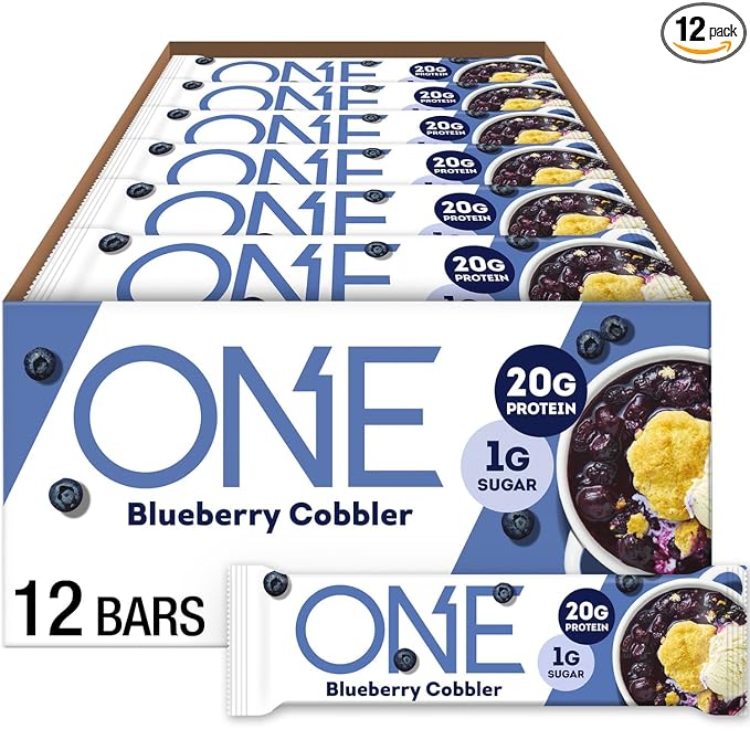 ONE Protein Bars, Blueberry Cobbler, Gluten Free with 20g Protein and 1g Sugar, Pantry Staples, 2.12 oz (12 Count)