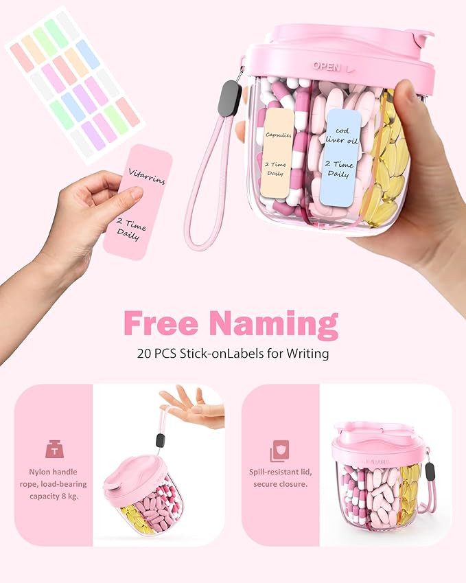 Cute Pill Organizer,Pill Dispenser with 7 Large Compartments,Portable Pill Bottle Box with Wide Opening for Easy Use, Anti-Mix Pills Organizer for Travel,Includes 20 Pcs Sticky Labels（Pink）