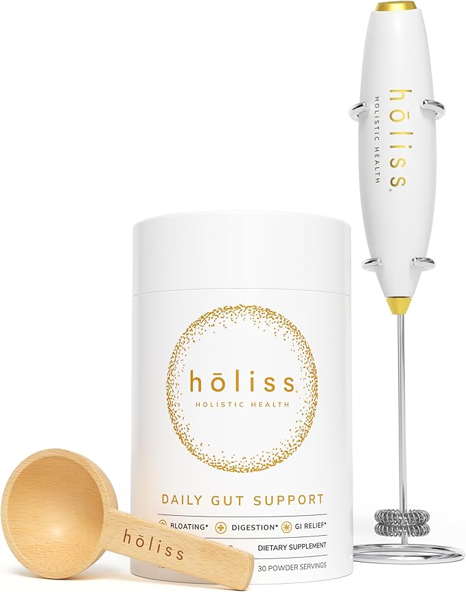 Daily Gut Health Kit – 6-in-1 All Natural Supplement, Bloat & Gas Aid, GI Lining Repair, IBS Support – Lemon Balm, L-Glutamine, PepZinGI, Mixed Berry, 30 Servings, Electric Mixer & Spoon