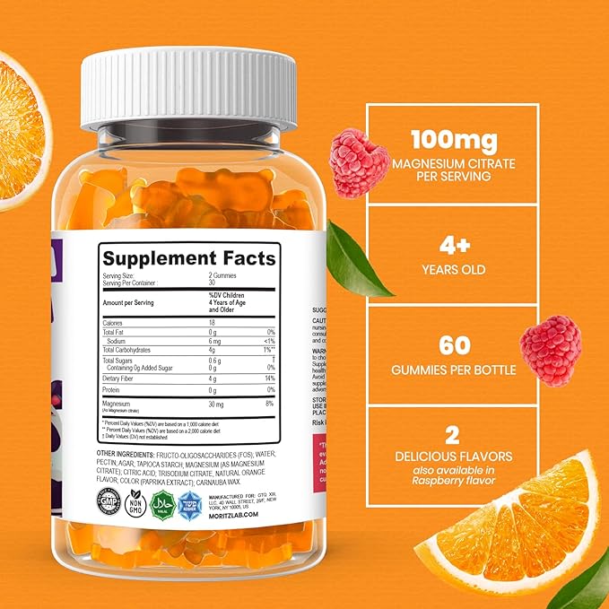 Dr. Moritz Calming and Relaxing Kids Magnesium Gummies, Non-GMO and Low Sugar Magnesium Kids Chewy Supplements, Sleep Gummies Kids, Orange Flavor