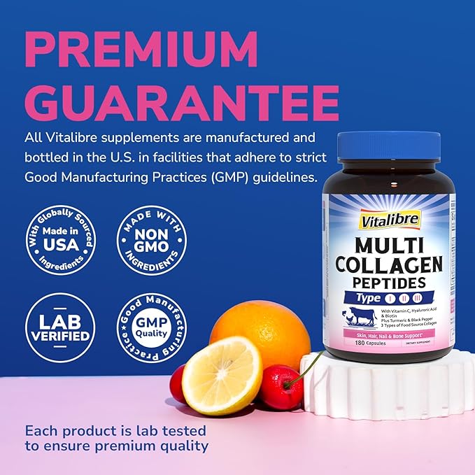 Vitalibre Multi Collagen Peptides, Hydrolyzed, Type I, II, III, Vitamin C, Biotin, Hyaluronic Acid, Turmeric & Black Pepper, Skin, Hair, Nail & Mobility Support, Non-GMO, 180 Caps