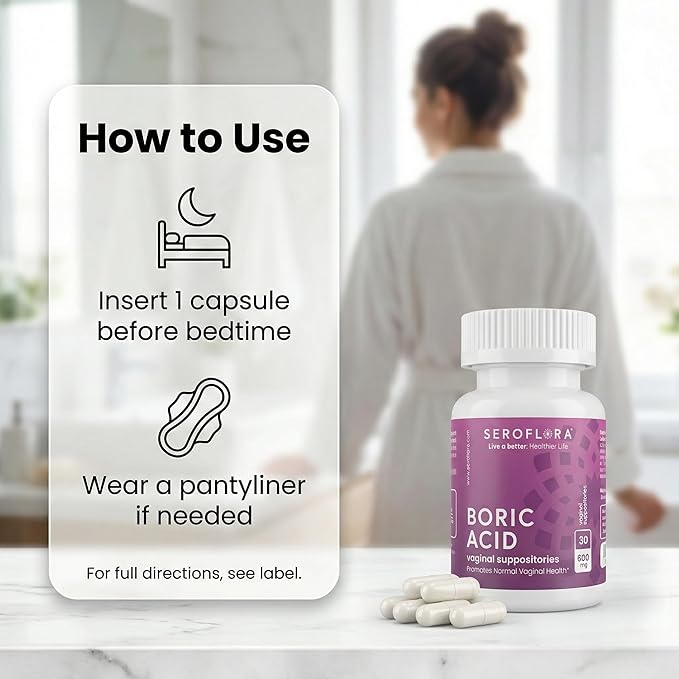 Seroflora Boric Acid Vaginal Suppositories 600mg – 60 Count (30ct, 2 Bottles) Odor Control, Feminine pH Balance & Daily Freshness – Clean Holistic Hygiene for Women – Made in USA