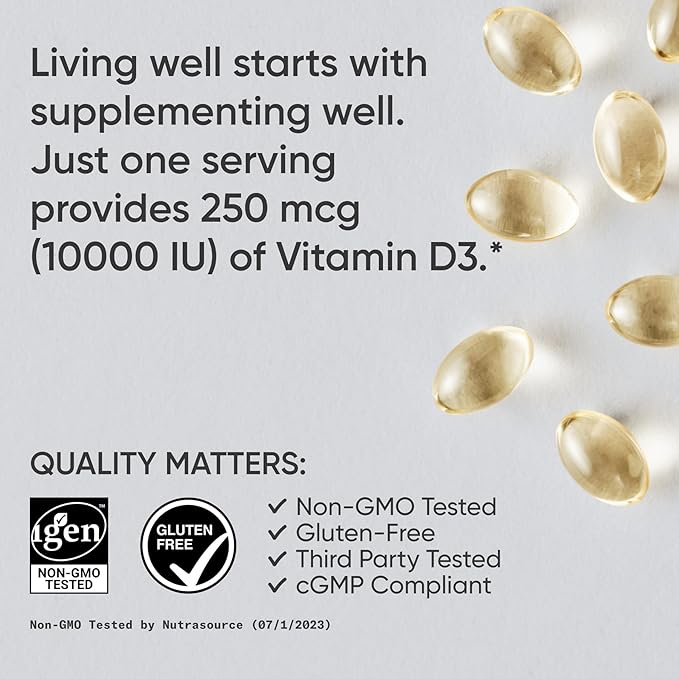Sports Research® Vitamin D3 10,000iu (250mcg) with Coconut MCT Oil - Max Strength Vitamin D Supplement - Gluten Free · Non-GMO · Soy Free - 120 Count Softgels