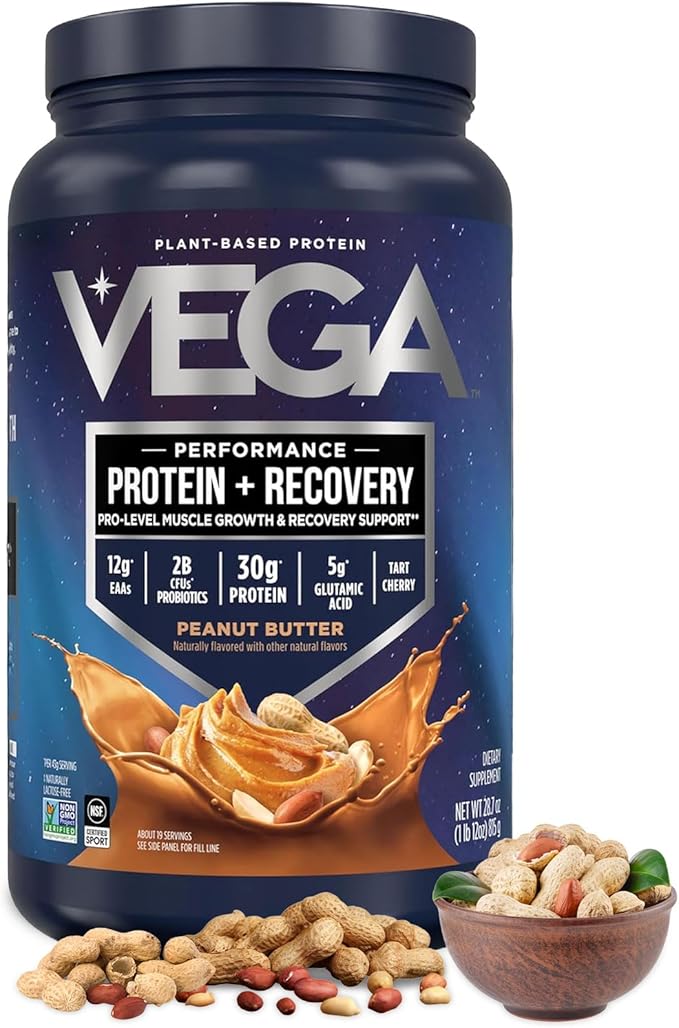 Vega Sport Vegan Protein Powder + Recovery - 30g Plant Based Protein per Serving, Peanut Butter, 19 Servings, 5g BCAAs, Probiotics, NSF Certified, for Shakes & Smoothies, 1.8lbs (Packaging May Vary)