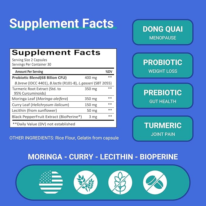 Ruolai ProBalance Probiotics for Women 68B CFU – Menopause, Bloat & Belly Support – Turmeric & Moringa – Digestive & Joint Health – 60 Capsules