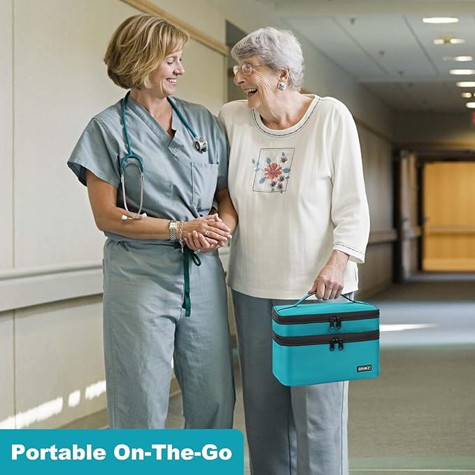 LEFOR·Z Medicine Storage Bag,Double Layers Pill Bottle Organizer Bag Empty with Lockable Zipper&Adjustable Divider,Medication Travel Carrying Bag for Pills,Vitamins,Medical Supplies,Teal Color