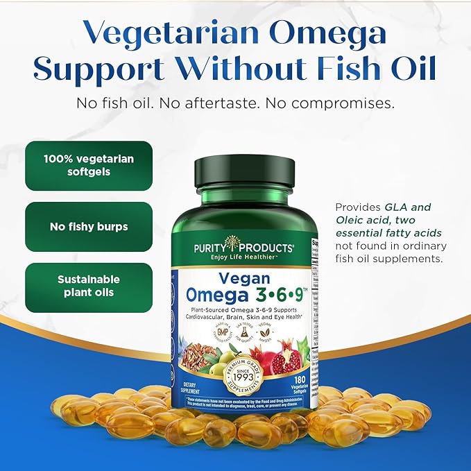 Purity Products Vegan Omega 3 6 9 Formula - “5 in 1” Essential Fatty Acid Complex - Scientifically Formulated Plant-Based Vegan Omega 3-6-9 Essential Fatty Acids (EFA) - 3 Month Supply - 180 Softgels