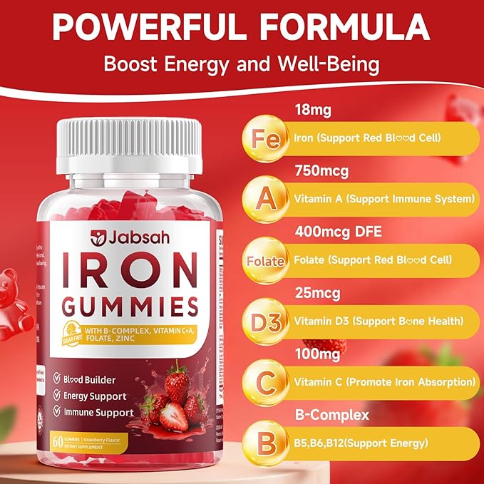 Vegan Iron Gummies for Women & Men, Iron Supplement with B-Complex, Vitamin C, A, Folate for Adults & Kids - Blood Builder & Energy Support & Immune Health - Strawberry Flavor, 60 Gummies