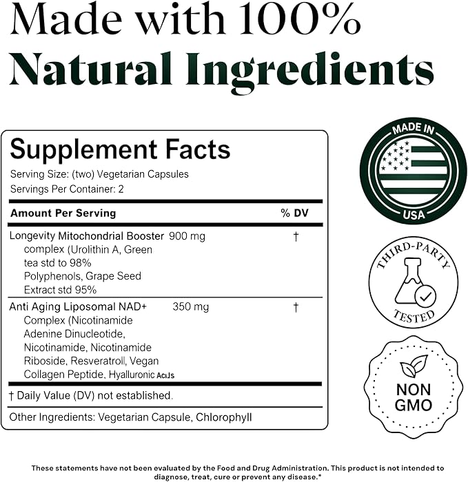 10-in-1 UROLITHIN A 1250mg Liposomal Longevity Complex | w. NAD+, Nicotinamide Riboside & Resveratrol | Mitochondrial Support Promotes Cellular Energy, Anti-Aging & Muscle Recovery