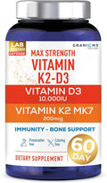 Granions Max Strength Vitamin D3 K2 Supplement - 250mcg (10,000 IU) D3 + 200mcg Vitamin K2 (MK-7) - Vitamins for Bone Health, Immune Support Supplements VIT K2D3-2 Month, 60 Tablets