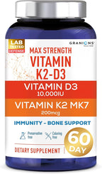 Granions Max Strength Vitamin D3 K2 Supplement - 250mcg (10,000 IU) D3 + 200mcg Vitamin K2 (MK-7) - Vitamins for Bone Health, Immune Support Supplements VIT K2D3-2 Month, 60 Tablets